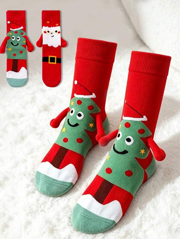 1/2/4 Pairs Magnetic Couple Socks, Christmas & Valentine's Day Style, Spring/Autumn Mid-Calf Socks, Cute Auto-Connecting Magnetic Socks