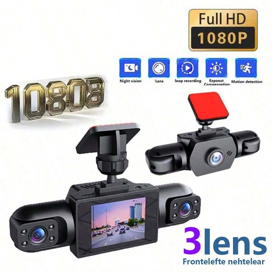 SIDAKEYE Camera hành trình Dash Cam, cấu hình ống kính toàn cảnh 360° 4/3, thẻ nhớ 64GB, màn hình IPS 3.16 inch, camera trước 1080P và camera trái/phải 720P, camera giám sát bao quát toàn diện, camera lùi, nhìn đêm độ phân giải cao, dải động rộng, cảm biến G, pin 150mAh - A - Xem 1
