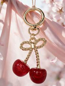 1pc Gold Glitter Cherry Twisted Rope Bow Keychain Pendant, Y2K Sweet Red Resin Fruit Key Ring Bag Charm, Suitable For Car Key Accessories, Birthday Holiday Gift For Girlfriend, Best Friend, Small Gift - Multicolor - View 8