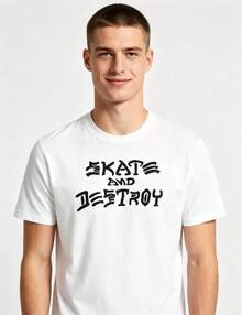 White Crew Neck Bold Street Letter Print Unisex Daily Skate Culture Tops Lightweight Basic Cotton Fashion Top - 白色 - 查看 4