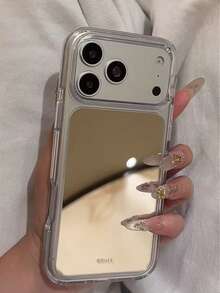 Korean Style Ins Niche Minimalist Mirror Solid Color Polka Dot Phone Case Compatible With Apple 17 Pro Max, 16 Pro, 17, 14 Pro, 15 Pro, 18, 18 Pro Max, Creative Full Coverage Dual Layer Anti-Drop Phone Cover - Silver - View 5