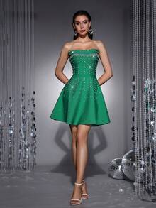 Bernatova Women Sexy Sweetheart Strapless Mini Bandage Dress With Handmade Rhinestone Decor , Celebrity Short Charming Sweety Club Dress Party Wedding - Green - View 6