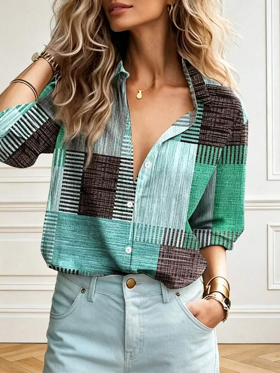 Colorblock Button Printed Long Sleeve Casual Retro Shirt