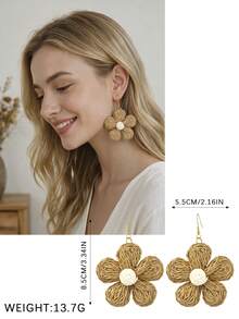 Yanxyad 1/4Pairs Cute Raffia Woven Flower Earrings, Boho Floral Drop Stud Earrings For Women, Summer Beach Vacation Jewelry Gift - Brown - View 11