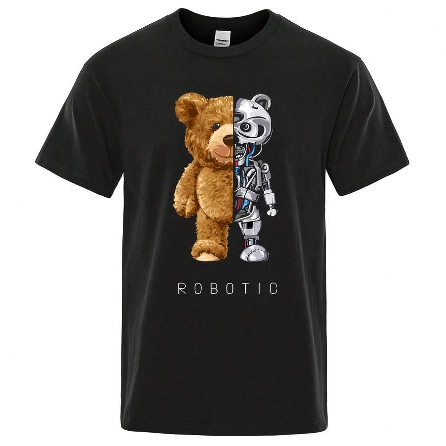 Asian Size Loose Cotton T-Shirt With Funny Robot Bear Design, Casual Clothing For Men - 款式 - 查看 1