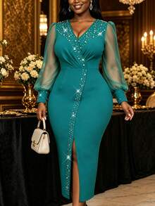 AOMEI Women's Elegant Luxury V-Neck Sheer Long Sleeve Pearl Embellished Fitted Slit Dress, Exuding Charming Allure Fall Wedding Party - Mint Green - View 7
