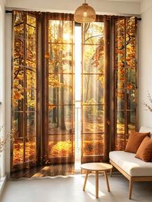 2pcs Autumn Forest Landscape Printed Window Curtains, Nature Tree Scenery Design, Light Filtering Polyester Rod Pocket Curtains For Bedroom Living Room Home Decor - Multicolor - View 8