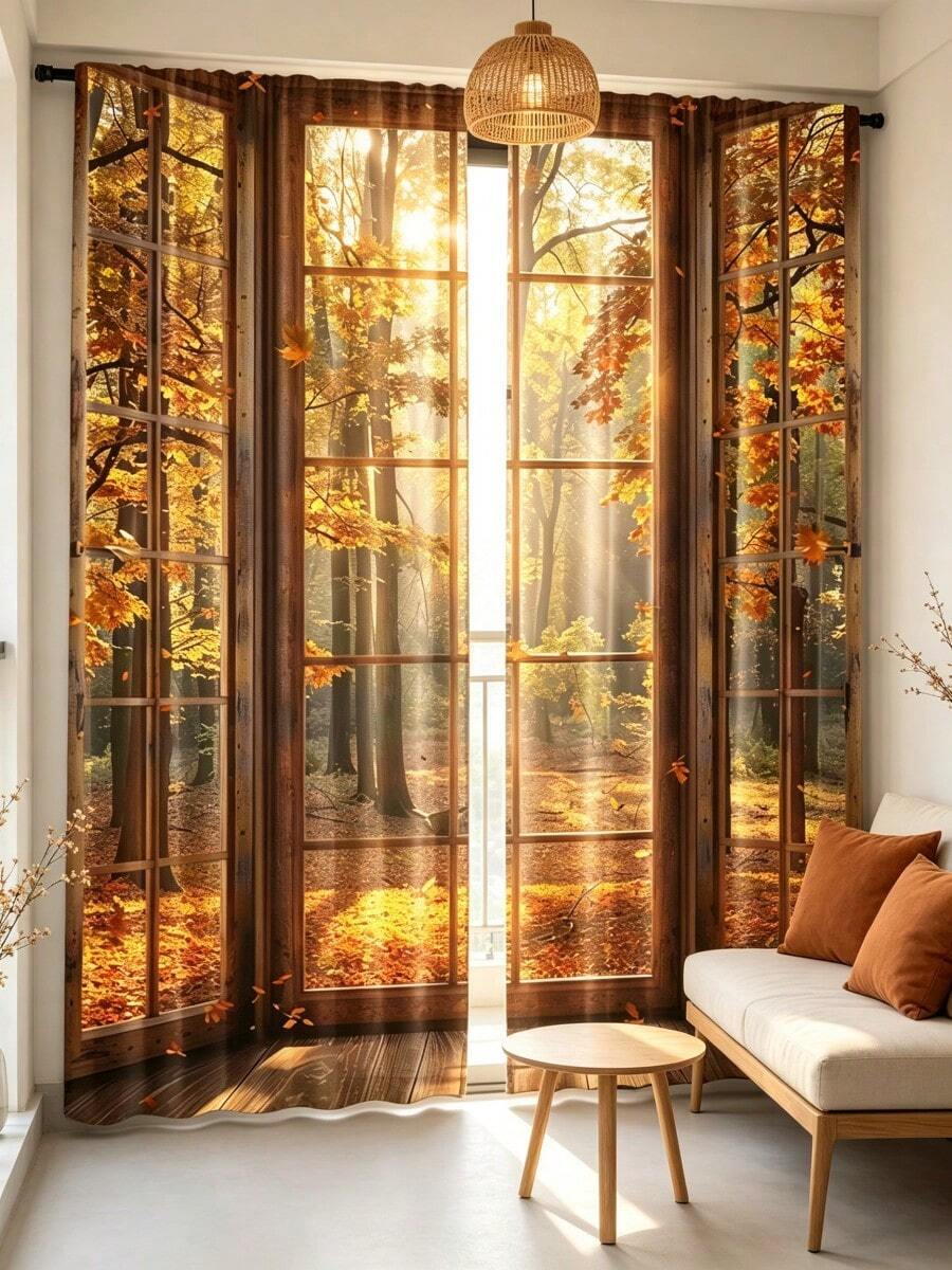 2pcs Autumn Forest Landscape Printed Window Curtains, Nature Tree Scenery Design, Light Filtering Polyester Rod Pocket Curtains For Bedroom Living Room Home Decor - Multicolor - View 1