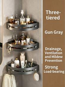 1/2/3pcs No-Drill Triangular Shower Caddy, Black/Grey Wall-Mounted Bathroom Storage Rack, Kitchen Corner Storage Shelf, PP Material, With Drainage Holes, Easy Installation, Suitable For Kitchen, Bathroom, Dining Room - Multicolor - View 12
