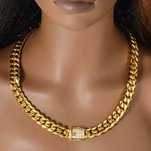 Thick Hip-Hop Fashion Street Style Thick Gold Cuban Chain Inlaid With Zirconia Necklace, Suitable Both Men Women, Suitable Daily Party Street Dance Wear - Gold - View 2