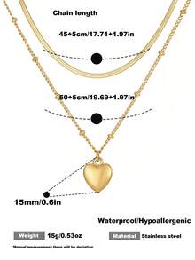 2pcs/Set Stainless Steel Necklace Set Exquisite Heart-Shaped Pendant Necklace Herringbone Chain Bead Chain For Women - Gold - View 4
