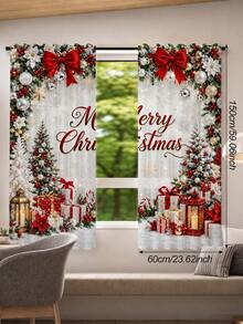 2pcs Christmas Theme Decorative Curtains, Minimalist Luxury European Style Christmas Print Curtains - Red Bow Christmas Tree Christmas Pattern, 100% Polyester Light Filtering Rod Pocket Curtains, Suitable For Living Room And Bedroom, Rod Not Included, Living Room Christmas Curtains, Holiday Window Decor - Multicolor - View 12