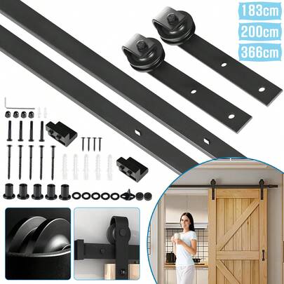 Schiebetür-Beschlagset, Aufhängesystem für Holztüren, Schienen-Montagesatz mit Schiene, Türaufhängungszubehör, Max. Traglast 130 kg, erhältlich in 183 cm / 200 cm / 366 cm