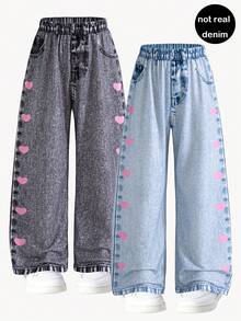 2pcs/Pack Girls Casual Fashion Side Heart Print Straight Leg Pants, Spring/Autumn - Multicolor - View 1