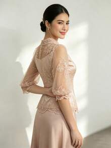 1pc Lace Women's Top For Vacation, Date, Wedding, Champagne Color - Champagne - View 2