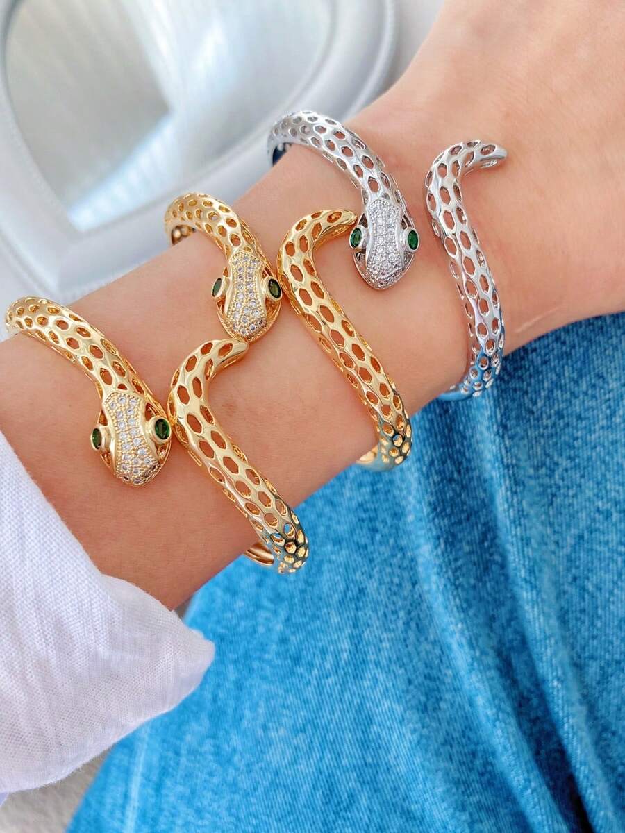 1 peça/Conjunto Pulseira Feminina Dourada Prateada Verde Esmeralda, Bracelete Aberto Ajustável com Zircônia Micro-Incrustada em Formato de Animal, Não Desbota - cobra - Visão 1