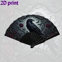 Dark Vintage Crow & Red Rose Kung Fu Folding Fan, Halloween Photography Backdrop Accessory, Niche Gothic Style - Multicolor - View 5