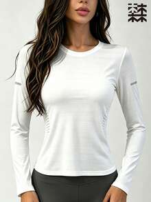 mulinsen Women's Slim Fit Quick-Dry Sports T-Shirt, Round Neck Dotted Print Fitness Running Short Sleeve Top - White - View 5