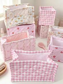 1pc Beautiful Quilted Desktop Storage Basket, Desktop Clutter Organizer, Lipstick Makeup Brush Skincare Product Storage Basket, Desktop Decor, Makeup Organizer Box, Used For Organizing Makeup Brushes And Skincare Products - Multicolor - View 5