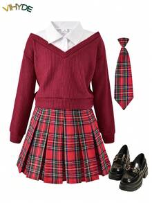 Vihyde Tween Girls 2 In 1 Shirt With Deep V Neck, Christmas Plaid Pleated Skirt & Tie 3 Pieces Outfit Set - Burgundy - View 2