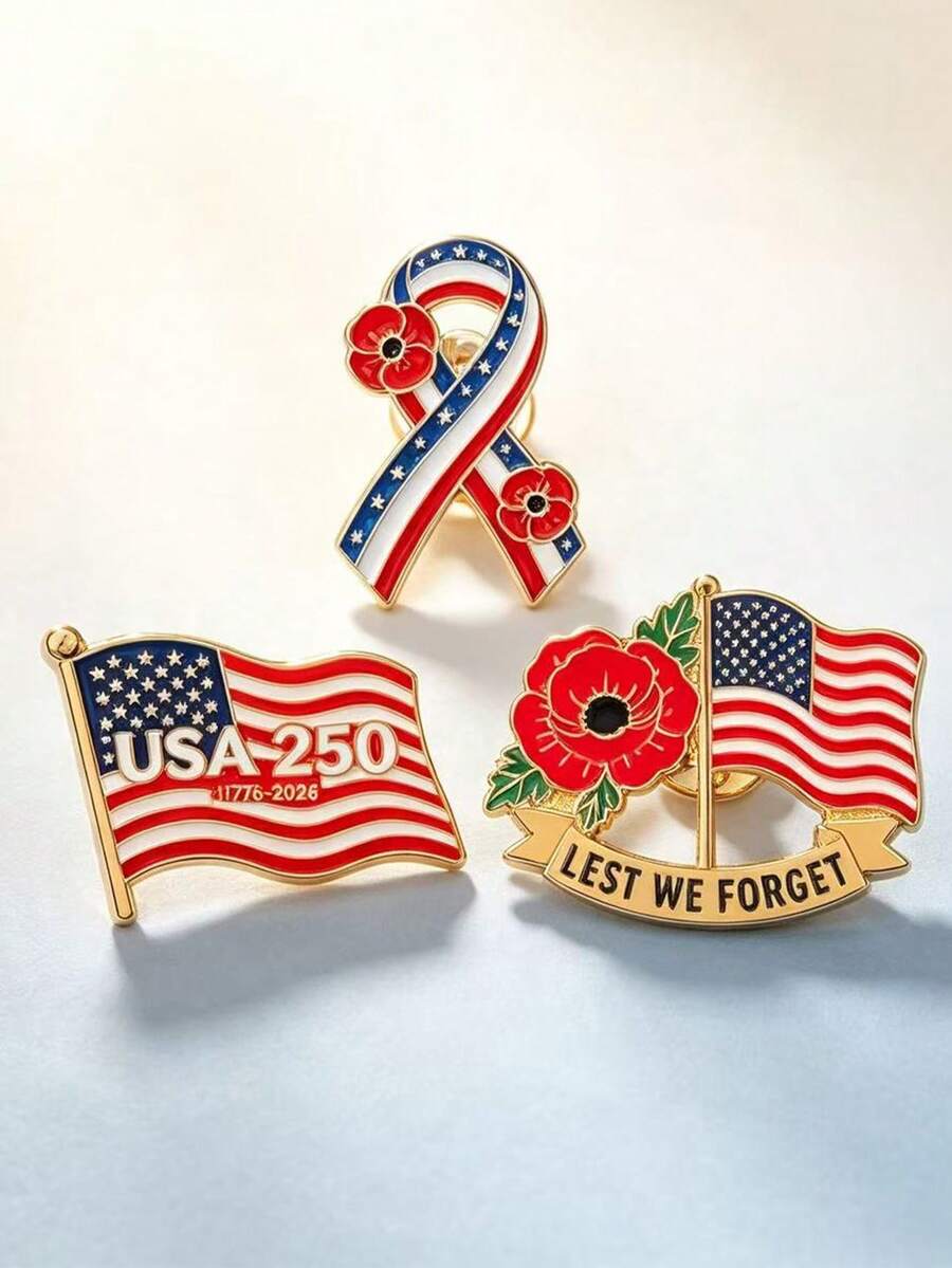 1pc Lest We Forget Poppy Brooch, American Flag Ribbon Commemorative Badge, Backpack & Jacket Decoration