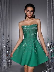 Bernatova Women Sexy Sweetheart Strapless Mini Bandage Dress With Handmade Rhinestone Decor , Celebrity Short Charming Sweety Club Dress Party Wedding - Green - View 1