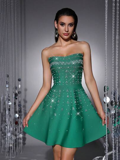 Bernatova Women Sexy Sweetheart Strapless Mini Bandage Dress With Handmade Rhinestone Decor , Celebrity Short Charming Sweety Club Dress Party Wedding