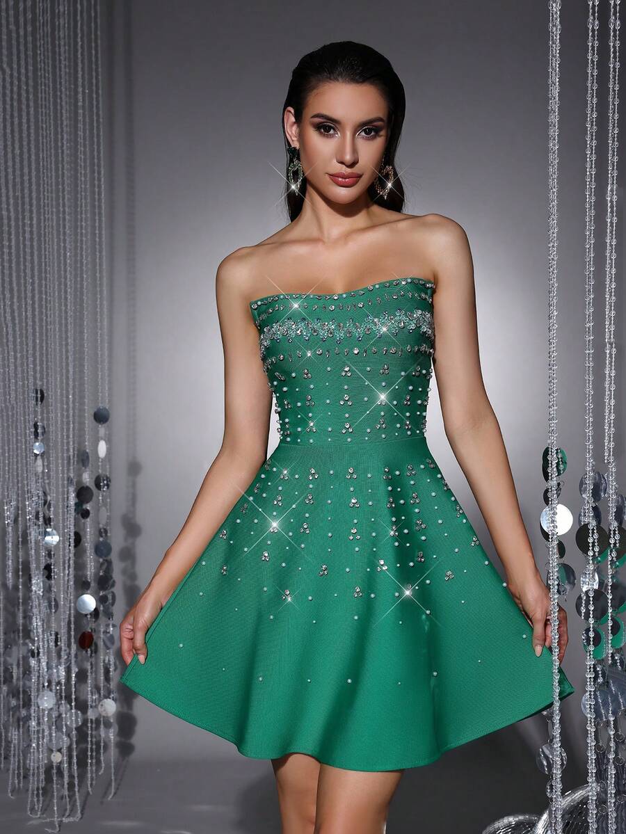 Bernatova Women Sexy Sweetheart Strapless Mini Bandage Dress With Handmade Rhinestone Decor , Celebrity Short Charming Sweety Club Dress Party Wedding - Green - View 1