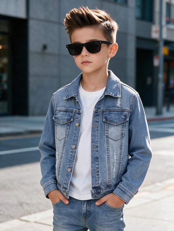 Boys' New Casual Street Fashion Vintage Punk Style Distressed Ripped Design Turn-Down Collar Long Sleeve Single-Breasted Denim Jacket Coat Top All-Season