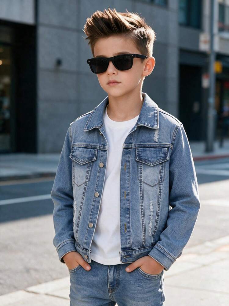 Boys' New Casual Street Fashion Retro Punk Distressed Ripped Design Turn-Down Collar Long Sleeve Single-Breasted Denim Jacket Coat, Suitable For School And Daily Wear, All-Season - Medium Wash - View 3