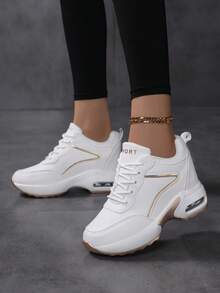 SOSENFER 女款休閒厚底運動鞋，純色皮革運動鞋，楔形跟綁帶訓練鞋，舒適低筒四季通用鞋 - 白色 - 查看 2