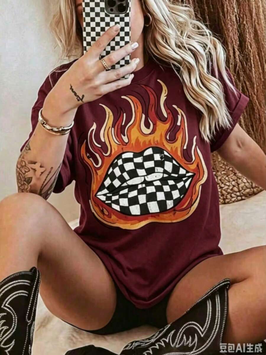 Checkered Flame Lips Shirt Western Graphic Tee Oversized Country Concert Tshirt Western Clothes Retro Country Tee Funny Graphic Tshirts - 酒紅色 - 查看 1