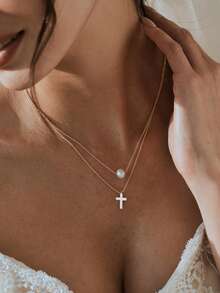 2pcs Set Elegant Minimalist Pearl Cross Pendant Layered Necklace, Double Thin Chain Choker Necklace, Women's Fashion Wedding Birthday Daily Religious Jewelry - Gold - View 7