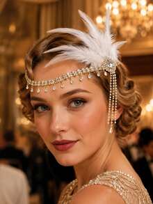 1pc Vintage 1920s Flapper Feather Headband, Long Rhinestone Tassel Gatsby Women's Evening Party Headpiece - Rhinestones - View 1