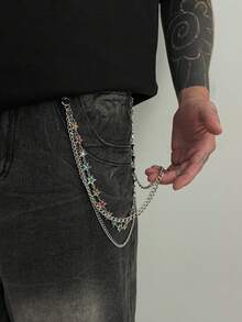 1 sợi xích quần nhiều lớp đính đá rhinestone nhiều màu hình ngôi sao thiết kế độc đáo, dây xích đeo eo phong cách đường phố vintage Mỹ kèm mặt treo - Trắng cổ điển K - Xem 2