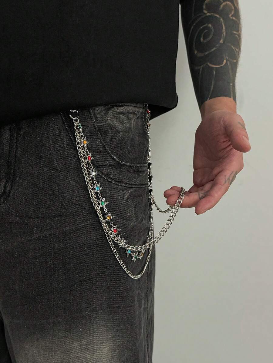 1 sợi xích quần nhiều lớp đính đá rhinestone nhiều màu hình ngôi sao thiết kế độc đáo, dây xích đeo eo phong cách đường phố vintage Mỹ kèm mặt treo