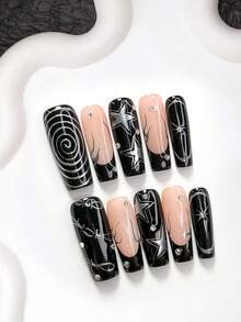 10 piezas de uñas postizas de moda vanguardista hechas a mano, set de manicura de polygel, decoración de estrellas pintadas a mano y strass, esmalte de uñas negro y plateado, estilo único, incluye herramientas de manicura, 3 tamaños disponibles, forma de almendra/pato/ataúd, adecuado para fiestas, baile, uso diario - Multicolor - Ver 20