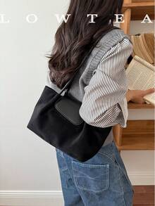 low tea 1pc Pleated Dumpling Bucket Shoulder Bag, Suede Fabric, Suitable For Commuting, Shopping And More - Black - View 7