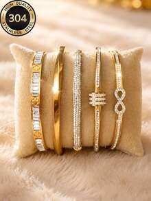 18K Gold Plated Stackable Bracelet Set | Full Rhinestone Infinity Symbol & Flower Bracelet | Non-Fading Layered Bracelet For Women's Daily & Party Wear | Valentine's Day Everyday Outfit Gift - Gold 5 - View 3