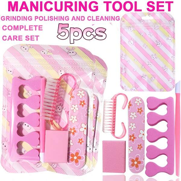 5pcs/1pack Cute Rabbit Spring/Summer New Exfoliating Polishing Nail Care Set | Full Set Of Nail/Foot Care Tools, Suitable For Travel, Salon - Formaldehyde-Free, Nail Cleaning Tools, Nail File Polishing Set, Cute Home DIY Nail Accessories, Suitable For Beauty Lovers And Nail Enthusiasts, Portable Packaging | Travel Nail Set | Disposable Nail Tools, Suitable For Home Nail Care (Packaging Bag Randomly Shipped)