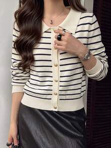 Autumn Striped Polo Collar Knit Cardigan, Exquisite Metal Gold Button Design, Slim Fit Waist, Vintage Elegant Slimming Versatile Long Sleeve Top Fall - Black Apricot Stripes - View 4