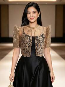 現代菲律賓風蝴蝶袖女款春夏蕾絲泡泡短袖短版開襟 Polo 衫 - 咖啡棕 - 查看 5