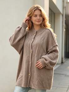 Plus Size Women Knitted Cardigan Sweater, Elegant Mature Minimalist Commuting Daily Wear, Plus Size Solid Drop Shoulder Long Sleeve Button Up Outerwear, Autumn/Winter - Khaki - View 2