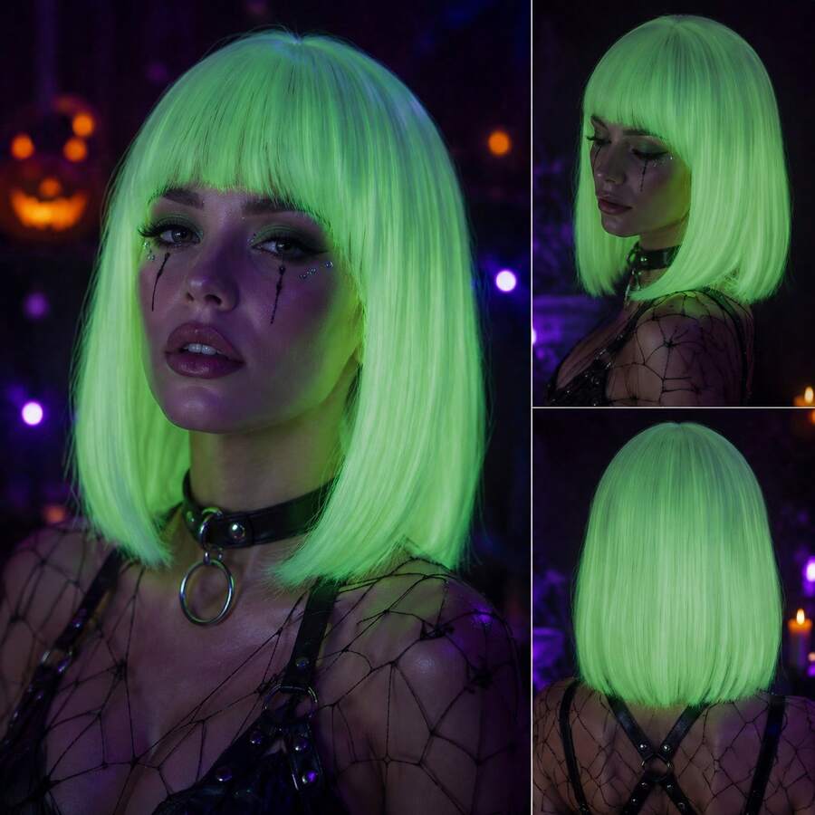 Glow In The Dark Short Bob Wig With Straight Bangs, Fluorescent Green Synthetic Straight Hair Wig, Luminous Wig Under Black Light For Halloween Nightclub Themed Party Cosplay Photo Styling - Multicolor - View 1