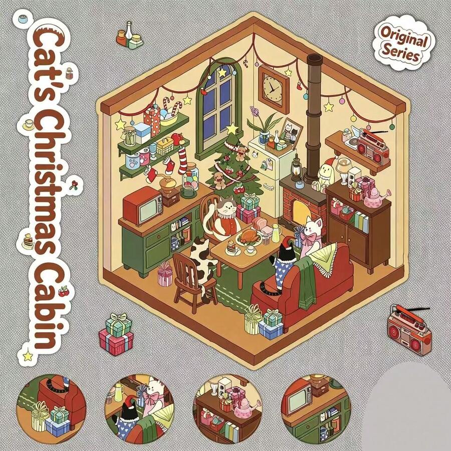 Christmas Gift House With Tweezers 3D Stereoscopic Landscape Sticker Set, DIY Christmas Miniature Scene Collage Craft Material Kit, PET Planner Decoration Collage Elements Christmas Gift House 3D Stereoscopic Landscape Sticker Set, DIY Miniature Scene Handmade Paper Art - A - View 1