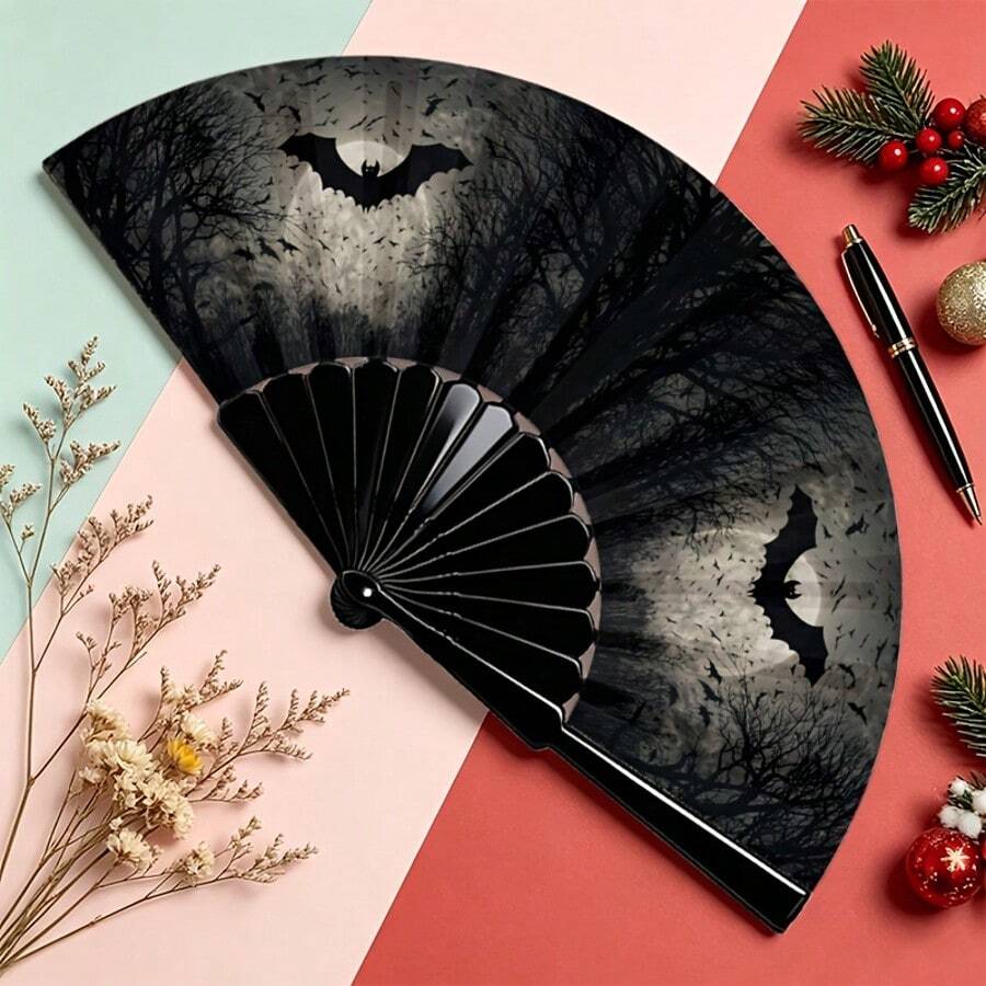 Dark Bat Forest Double-Sided Folding Fan, Halloween Kung Fu Fan, Gothic Style Photo Prop, Bar Disco Folding Fan, Each Fan Face Color And Pattern Position Slightly Different, Randomly Sent - Multicolor - View 1