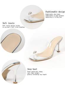 Women Square Toe Clear PVC Strap Stiletto Mules, Pearl Decor Slip On Slide Sandals, Silver Open Toe High Heels For Evening Party Daily Wear - Silver - View 6