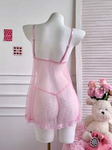 AESKEIA Women's Sexy Lingerie, Semi-Sheer Polka Dot Mesh Nightgown And Thong Set, Perfect For Holiday Gift - Pink - View 8