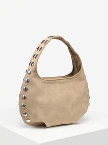 1pc Women's Vintage Rivet Faux Suede Pleated Crescent Shoulder Bag, Suitable For Street, Date, Commute - Khaki - View 4