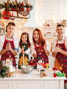4Pcs Buffalo Plaid Christmas Kitchen Aprons Set, Santa Claus, Snowman, Gingerbread Man, Reindeer Printed Cooking Aprons, Cute Holiday Adjustable Chef Aprons For Home Baking BBQ Xmas Party Gift - Multicolor - View 2